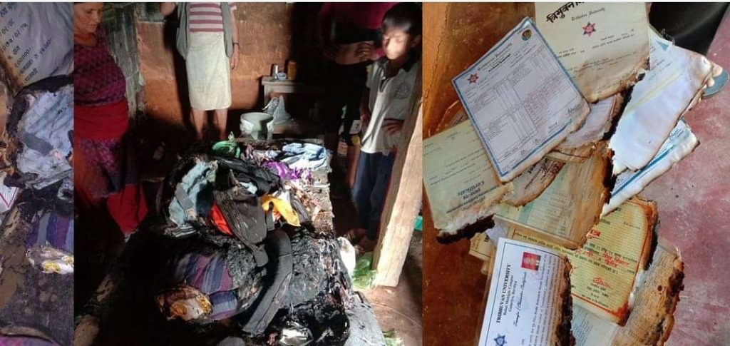 शिक्षकको कोठामा आगो लागी हुँदा शैक्षिक उपलब्धिका कागजपत्र जलेर नष्ट